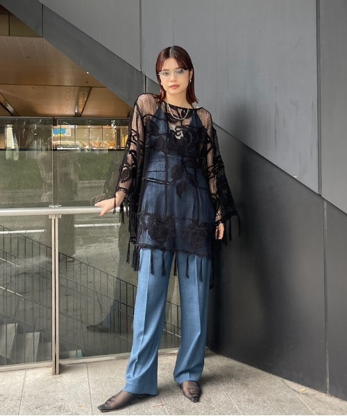 MEDI LOOSE MESH FLOWER KNIT TOPSブラック MEDI LOOSE MESH FLOWER KNIT TOPS