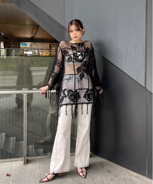MEDI LOOSE MESH FLOWER KNIT TOPS（Tシャツ/カットソー