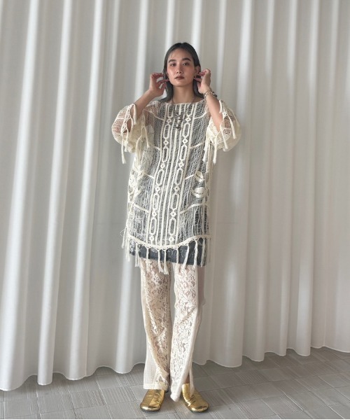 MEDI LOOSE MESH FLOWER KNIT TOPSブラック MEDI LOOSE MESH FLOWER KNIT TOPS（Tシャツ/カットソー