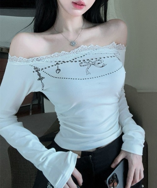 SHEENA(シーナ)の「チャームデザインレースオフショルトップス(Tシャツ/カットソー・レディース・ブラック/ホワイト・M)」の22枚目の写真