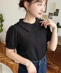 tシャツ ノーカラーストライプパフスリーブシャツ レディース tシャツ ノーカラーストライプパフスリーブシャツ レディース