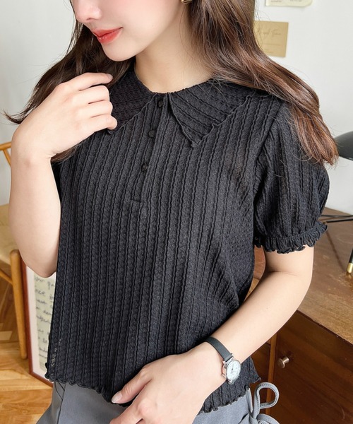 moment+(モーメントプラス)の「ストライプレースパフスリーブ半袖ポロシャツ(Tシャツ/カットソー・レディース・ナチュラル/オフホワイト/ピンク/ブラック・M/L)」の12枚目の写真
