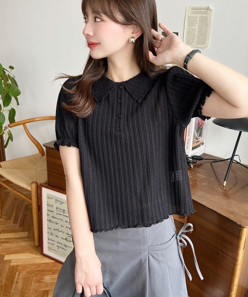 moment+(モーメントプラス)の「ストライプレースパフスリーブ半袖ポロシャツ(Tシャツ/カットソー・レディース・ナチュラル/オフホワイト/ピンク/ブラック・M/L)」の13枚目の写真