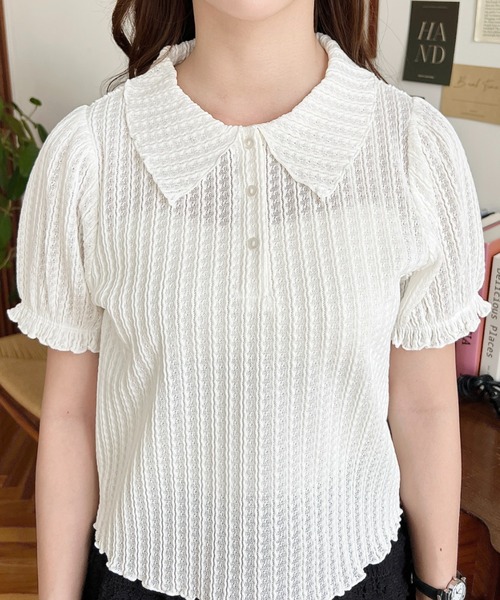 moment+(モーメントプラス)の「ストライプレースパフスリーブ半袖ポロシャツ(Tシャツ/カットソー・レディース・ナチュラル/オフホワイト/ピンク/ブラック・M/L)」の14枚目の写真