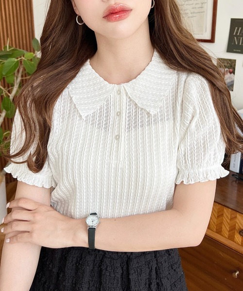 moment+(モーメントプラス)の「ストライプレースパフスリーブ半袖ポロシャツ(Tシャツ/カットソー・レディース・ナチュラル/オフホワイト/ピンク/ブラック・M/L)」の20枚目の写真