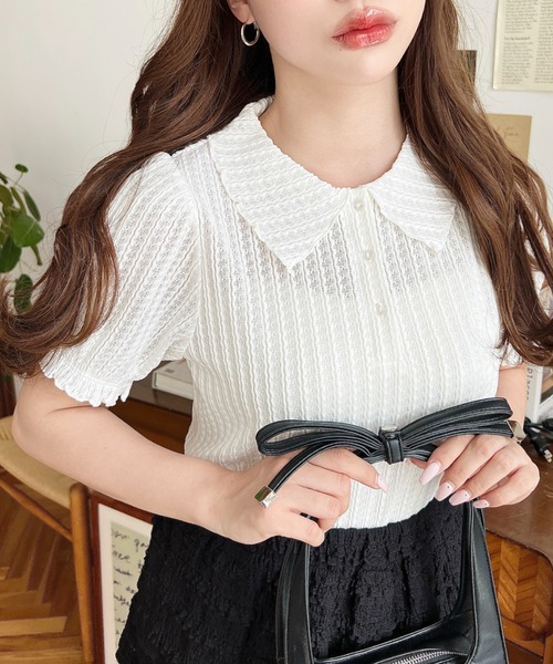 moment+(モーメントプラス)の「ストライプレースパフスリーブ半袖ポロシャツ(Tシャツ/カットソー・レディース・ナチュラル/オフホワイト/ピンク/ブラック・M/L)」の21枚目の写真