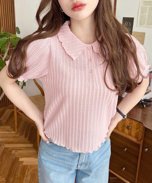 moment+(モーメントプラス)の「ストライプレースパフスリーブ半袖ポロシャツ(Tシャツ/カットソー・レディース・ナチュラル/オフホワイト/ピンク/ブラック・M/L)」の7枚目の写真