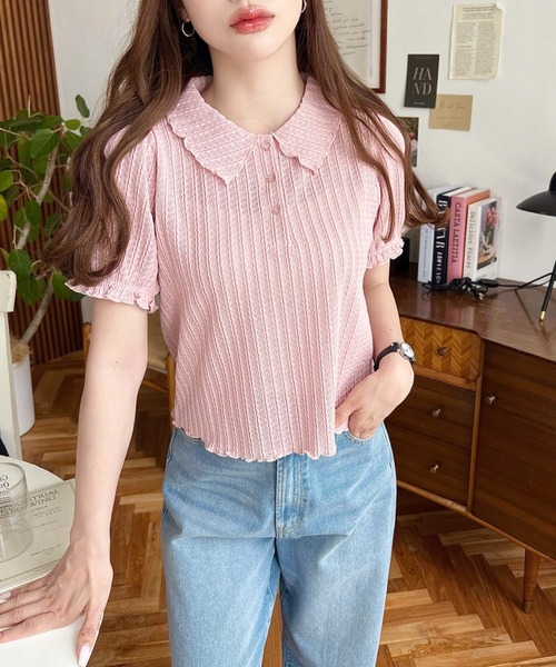 moment+(モーメントプラス)の「ストライプレースパフスリーブ半袖ポロシャツ(Tシャツ/カットソー・レディース・ナチュラル/オフホワイト/ピンク/ブラック・M/L)」の6枚目の写真