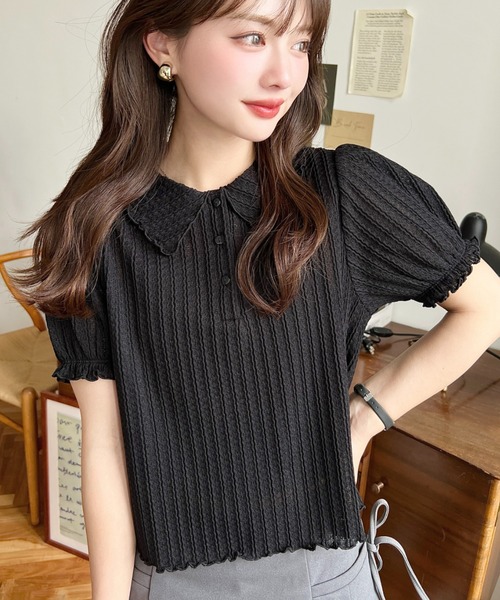 moment+(モーメントプラス)の「ストライプレースパフスリーブ半袖ポロシャツ(Tシャツ/カットソー・レディース・ナチュラル/オフホワイト/ピンク/ブラック・M/L)」の9枚目の写真