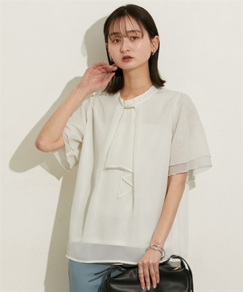 nissen（ニッセン）の「【販売終了】【ＵＶカット・防汚・花粉防止】ボウタイ半袖ブラウス（シャツ/ブラウス・レディース・ネイビー/グレー/オフホワイト・M/L/LL）」の10枚目の写真