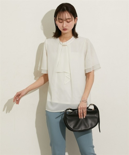 nissen（ニッセン）の「【販売終了】【ＵＶカット・防汚・花粉防止】ボウタイ半袖ブラウス（シャツ/ブラウス・レディース・ネイビー/グレー/オフホワイト・M/L/LL）」の8枚目の写真