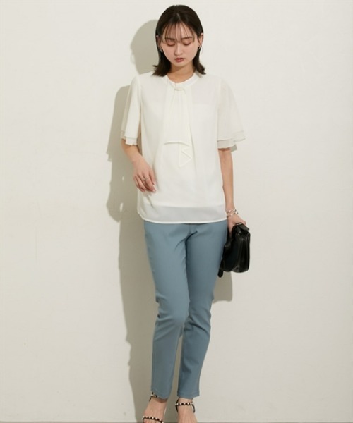 nissen（ニッセン）の「【販売終了】【ＵＶカット・防汚・花粉防止】ボウタイ半袖ブラウス（シャツ/ブラウス・レディース・ネイビー/グレー/オフホワイト・M/L/LL）」の7枚目の写真