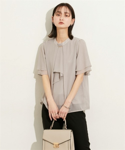 nissen（ニッセン）の「【販売終了】【ＵＶカット・防汚・花粉防止】ボウタイ半袖ブラウス（シャツ/ブラウス・レディース・ネイビー/グレー/オフホワイト・M/L/LL）」の5枚目の写真