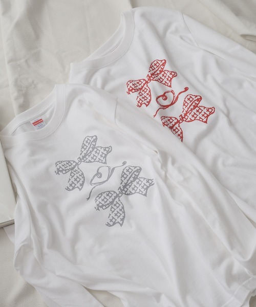 ROOPTOKYO(ループトウキョウ)の「トレンドライクなリボンデザイン。ハート&チェックリボン/ ロンT / バレエコア(Tシャツ/カットソー・レディース・ホワイト×レッド/ホワイト×グレー・FREE)」の9枚目の写真