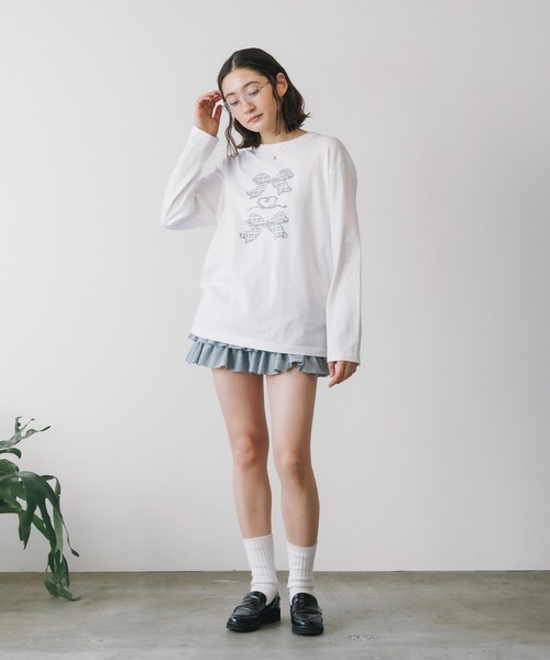 ROOPTOKYO(ループトウキョウ)の「トレンドライクなリボンデザイン。ハート&チェックリボン/ ロンT / バレエコア(Tシャツ/カットソー・レディース・ホワイト×レッド/ホワイト×グレー・FREE)」の11枚目の写真