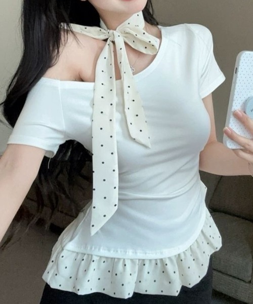 セール】チョーカー付きドットフリルワンショルトップス（Tシャツ