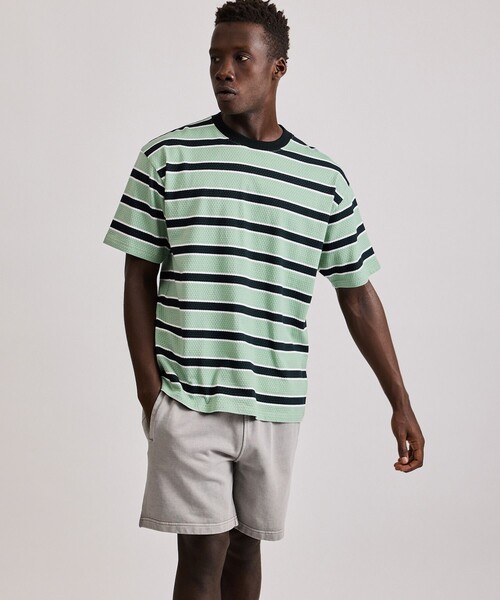 Saturdays NYC（サタデーズ ニューヨークシティ ）の「Mesh Border Stripe SS Tee（Tシャツ/カットソー・メンズ・パープル/ライトグリーン・L/M/XL/S）」の2枚目の写真