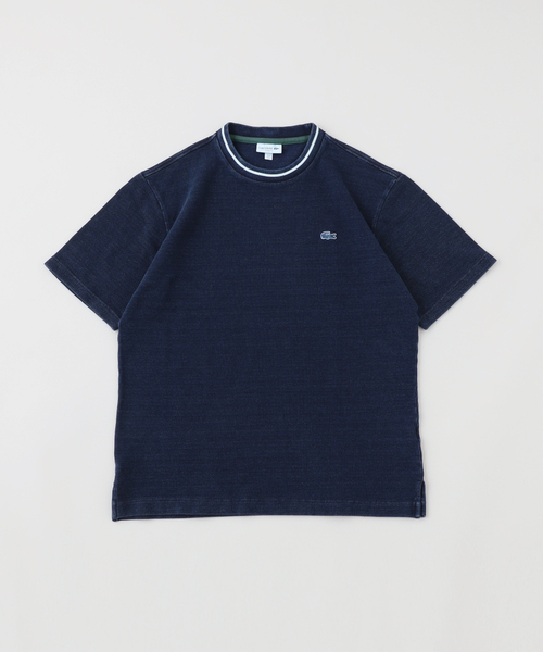 【LACOSTE】レーヨン混 テニスロゴ リブニット 半袖 Tシャツ LACOSTE tシャツ 配色リブニットインディゴ鹿の子 半袖Tシャツ