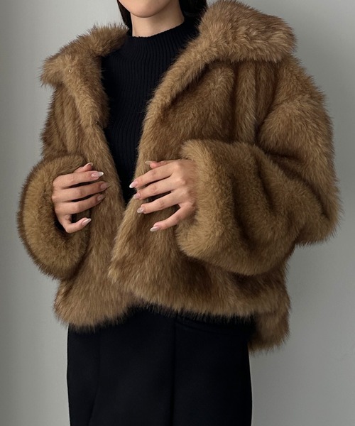 2点セット★メゾンドドルチェnoble jacket/brown &ファーコート セール】2wayカラーフェイクファーショートコート（ステンカラーコート