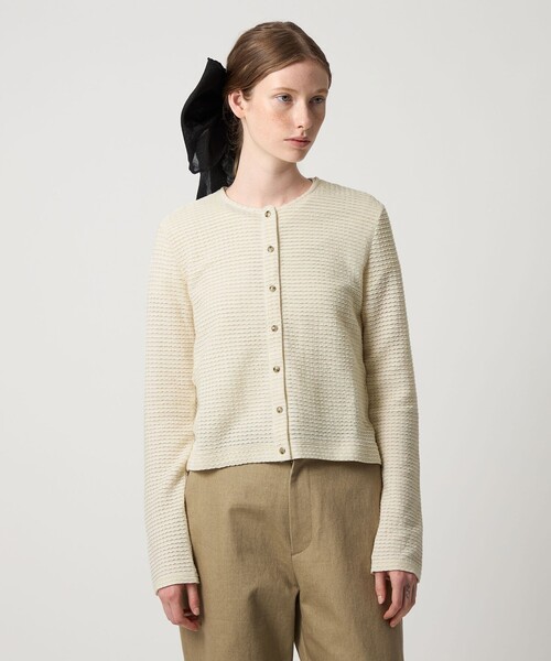 Steven Alan（スティーブンアラン）の「＜Steven Alan＞ウェイビー ジャージー ショートスリーブ カーディガン（カーディガン/ボレロ・レディース・ワイン/オフホワイト/ネイビー・FREE）」の2枚目の写真