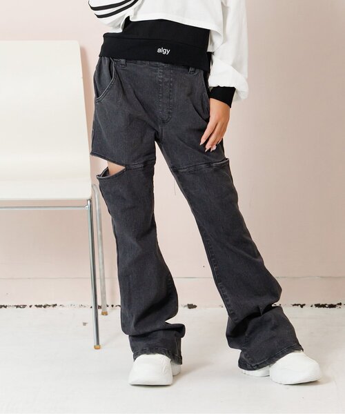 algy（アルジー）の「サイドカットフレアパンツ（デニムパンツ・キッズ・サックスブルー/ブラック・SMALL/MEDIUM/X-SMALL/XX-SMALL）」の2枚目の写真