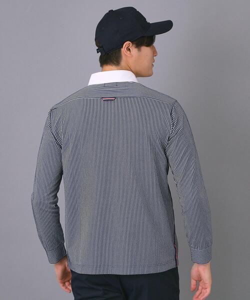 新レーベル ADABAT NAVY】吸水速乾 サッカーストライプ長袖ポロシャツ