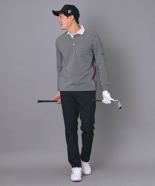 新レーベル ADABAT NAVY】吸水速乾 サッカーストライプ長袖ポロシャツ