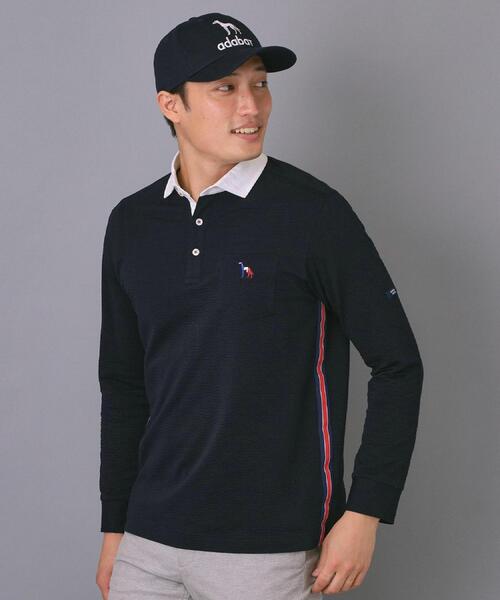 adabat(アダバット)の「【新レーベル ADABAT NAVY】吸水速乾 サッカーストライプ長袖ポロシャツ(ポロシャツ・メンズ・ネイビー/ネイビー系2・52/50/48/46)」の1枚目の写真
