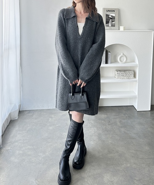 GeeRA(ジーラ)の「ポロ衿ミニニットワンピース(ワンピース・レディース・チャコールグレー/ブラック・MEDIUM/LARGE/X-LARGE)」の1枚目の写真