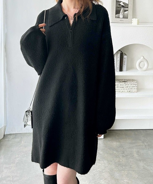 GeeRA(ジーラ)の「ポロ衿ミニニットワンピース(ワンピース・レディース・チャコールグレー/ブラック・MEDIUM/LARGE/X-LARGE)」の3枚目の写真