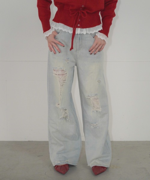 Mirette（ミレット）の「ヴィンテージクラッシュワイドデニムパンツ / Vintage Crash Wide Denim Pants（デニムパンツ・レディース・ブルー/ライトブルー・MEDIUM/LARGE/SMALL）」の2枚目の写真