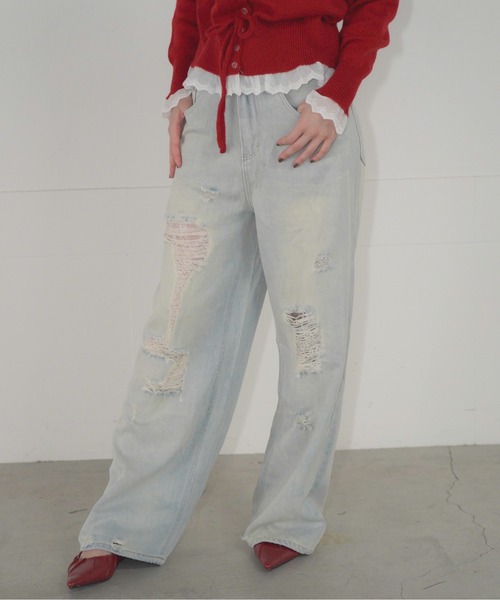 Mirette（ミレット）の「ヴィンテージクラッシュワイドデニムパンツ / Vintage Crash Wide Denim Pants（デニムパンツ・レディース・ブルー/ライトブルー・MEDIUM/LARGE/SMALL）」の3枚目の写真