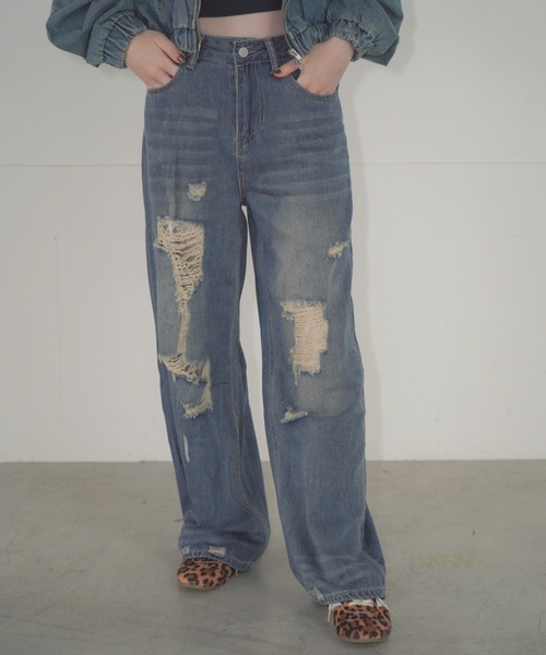 Mirette（ミレット）の「ヴィンテージクラッシュワイドデニムパンツ / Vintage Crash Wide Denim Pants（デニムパンツ・レディース・ブルー/ライトブルー・MEDIUM/LARGE/SMALL）」の17枚目の写真