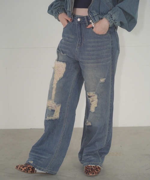 Mirette（ミレット）の「ヴィンテージクラッシュワイドデニムパンツ / Vintage Crash Wide Denim Pants（デニムパンツ・レディース・ブルー/ライトブルー・MEDIUM/LARGE/SMALL）」の18枚目の写真