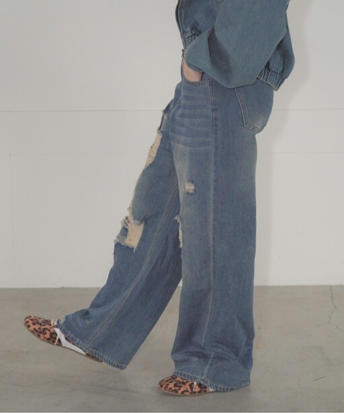 Mirette（ミレット）の「ヴィンテージクラッシュワイドデニムパンツ / Vintage Crash Wide Denim Pants（デニムパンツ・レディース・ブルー/ライトブルー・MEDIUM/LARGE/SMALL）」の20枚目の写真