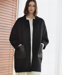 ELFRANK（エルフランク）の「【ウール70％】レザーポケット ドロップショルダー ミドル丈 コート ウールコート（その他アウター）」