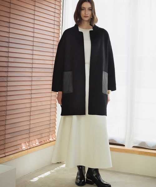 セール】【2025AW】【ウール70％】レザーポケット ドロップショルダー