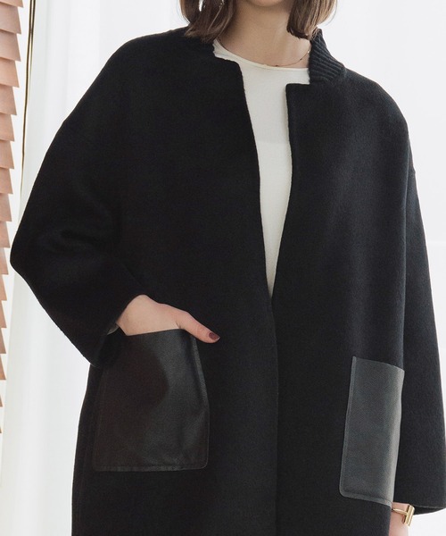 ELFRANK(エルフランク)の「【ウール70%】レザーポケット ドロップショルダー ミドル丈 コート ウールコート(その他アウター・レディース・チャコールグレー/ブラック・FREE)」の17枚目の写真
