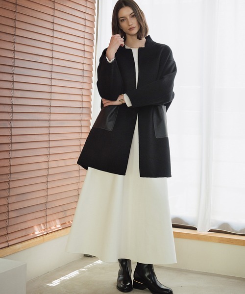 セール】【2025AW】【ウール70％】レザーポケット ドロップショルダー