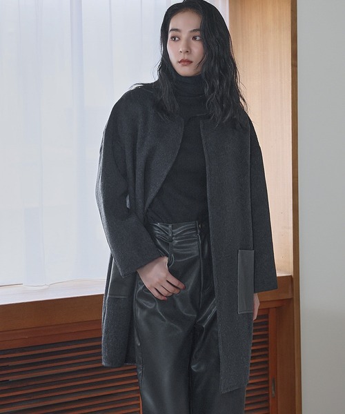 セール】【2025AW】【ウール70％】レザーポケット ドロップショルダー