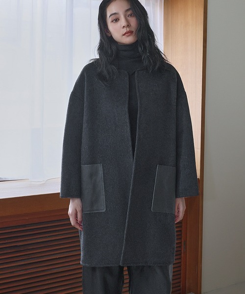 ELFRANK(エルフランク)の「【ウール70%】レザーポケット ドロップショルダー ミドル丈 コート ウールコート(その他アウター・レディース・チャコールグレー/ブラック・FREE)」の5枚目の写真