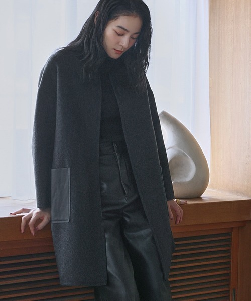 セール】【2025AW】【ウール70％】レザーポケット ドロップショルダー