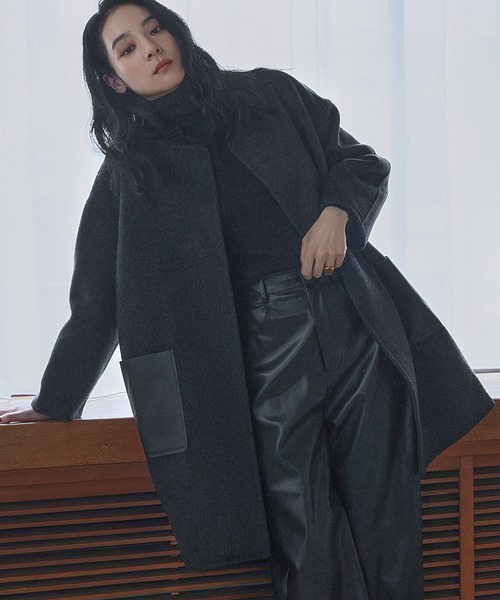 セール】【2025AW】【ウール70％】レザーポケット ドロップショルダー