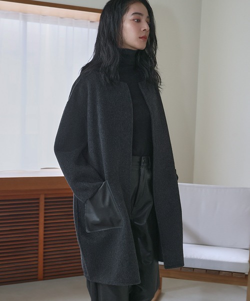 セール】【2025AW】【ウール70％】レザーポケット ドロップショルダー