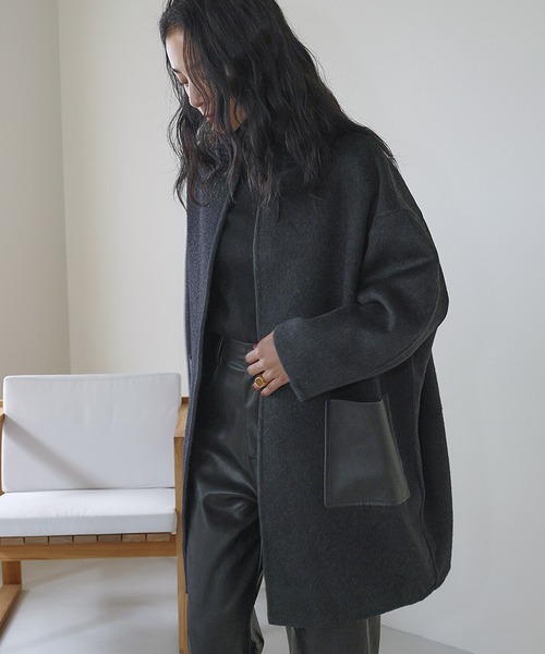 セール】【2025AW】【ウール70％】レザーポケット ドロップショルダー