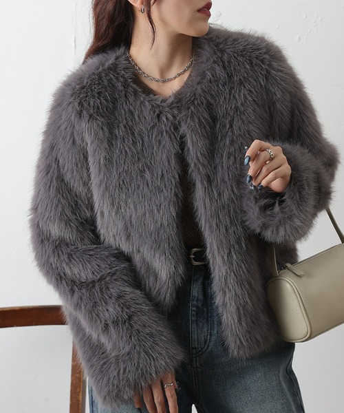 COLONY 2139（コロニートゥーワンスリーナイン）の「ノーカラーファージャケット（ノーカラージャケット・レディース・ブラウン/チャコールグレー/アイボリー・FREE）」の3枚目の写真