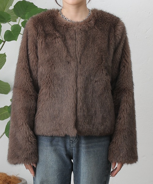 COLONY 2139（コロニートゥーワンスリーナイン）の「ノーカラーファージャケット（ノーカラージャケット・レディース・ブラウン/チャコールグレー/アイボリー・FREE）」の16枚目の写真