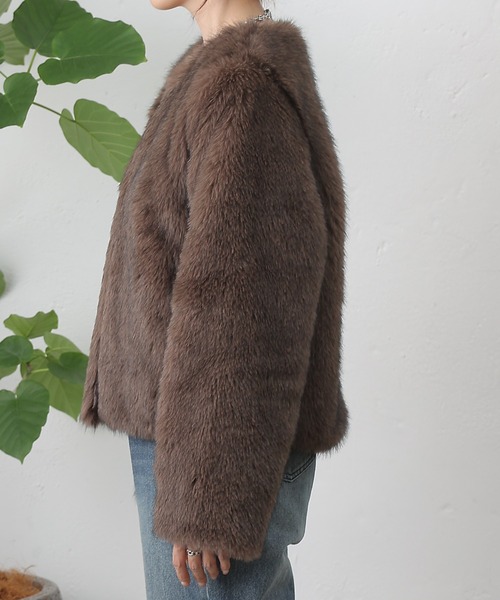 COLONY 2139（コロニートゥーワンスリーナイン）の「ノーカラーファージャケット（ノーカラージャケット・レディース・ブラウン/チャコールグレー/アイボリー・FREE）」の13枚目の写真