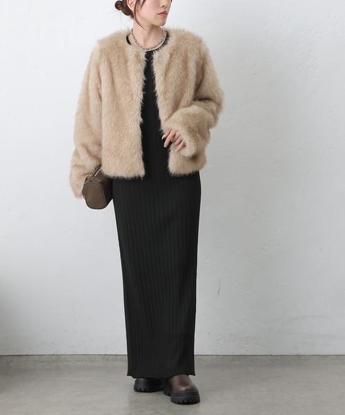 COLONY 2139（コロニートゥーワンスリーナイン）の「ノーカラーファージャケット（ノーカラージャケット・レディース・ブラウン/チャコールグレー/アイボリー・FREE）」の7枚目の写真