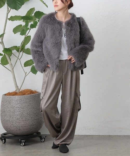 COLONY 2139（コロニートゥーワンスリーナイン）の「ノーカラーファージャケット（ノーカラージャケット・レディース・ブラウン/チャコールグレー/アイボリー・FREE）」の9枚目の写真